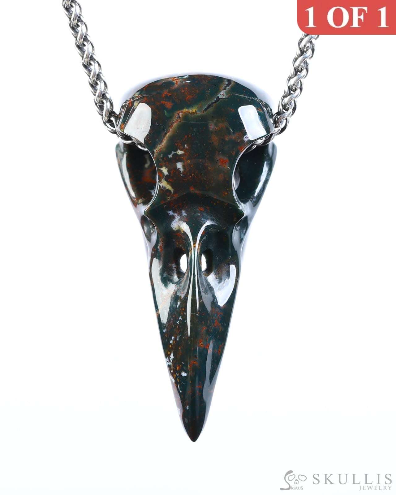 Gem Raven Skull Pendant Necklace of Bloodstone Carved Raven Skull - ZR19800574 Skull Pendants