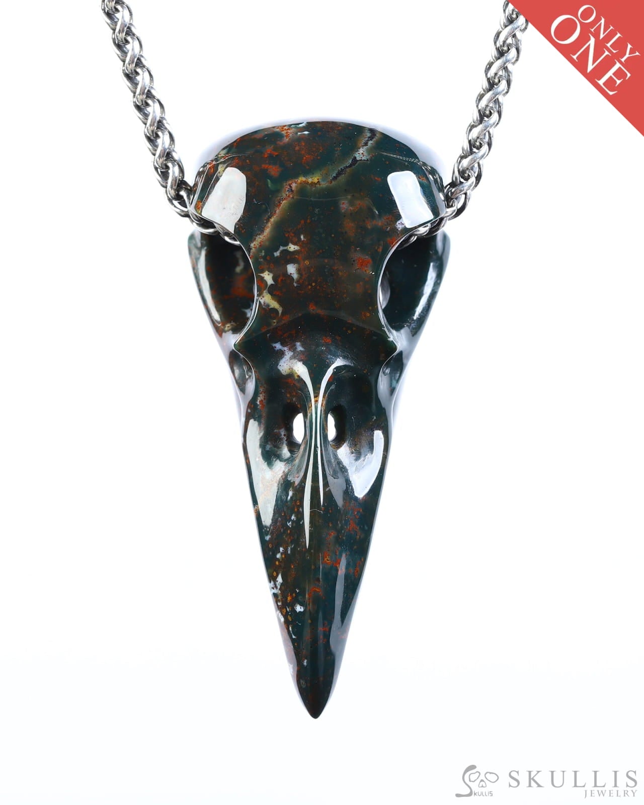 Gem Raven Skull Pendant Necklace of Bloodstone Carved Raven Skull - ZR19800574 Skull Pendants