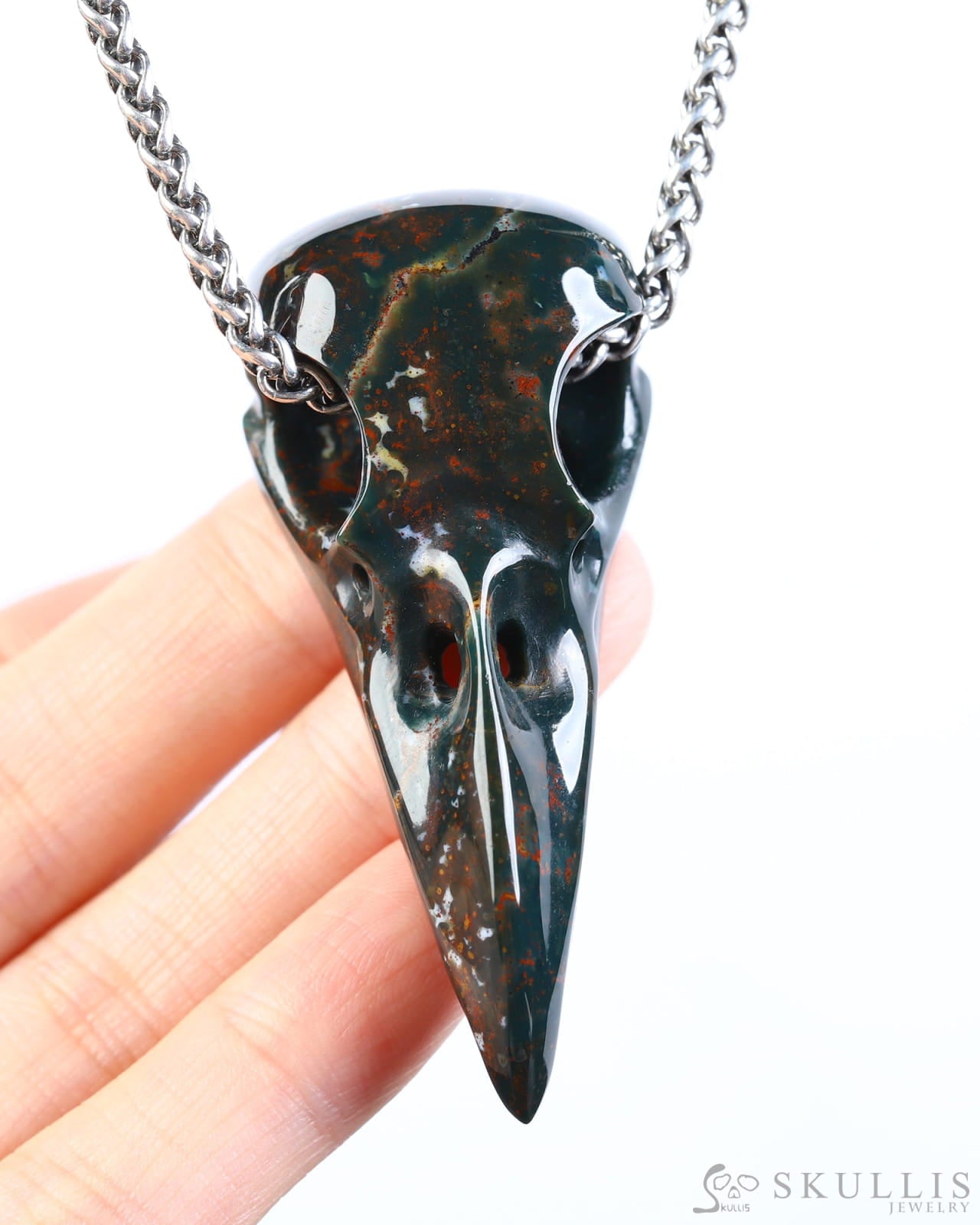 Gem Raven Skull Pendant Necklace of Bloodstone Carved Raven Skull - ZR19800574 Skull Pendants