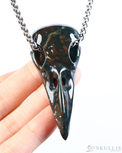 Gem Raven Skull Pendant Necklace of Bloodstone Carved Raven Skull - ZR19800574 Skull Pendants