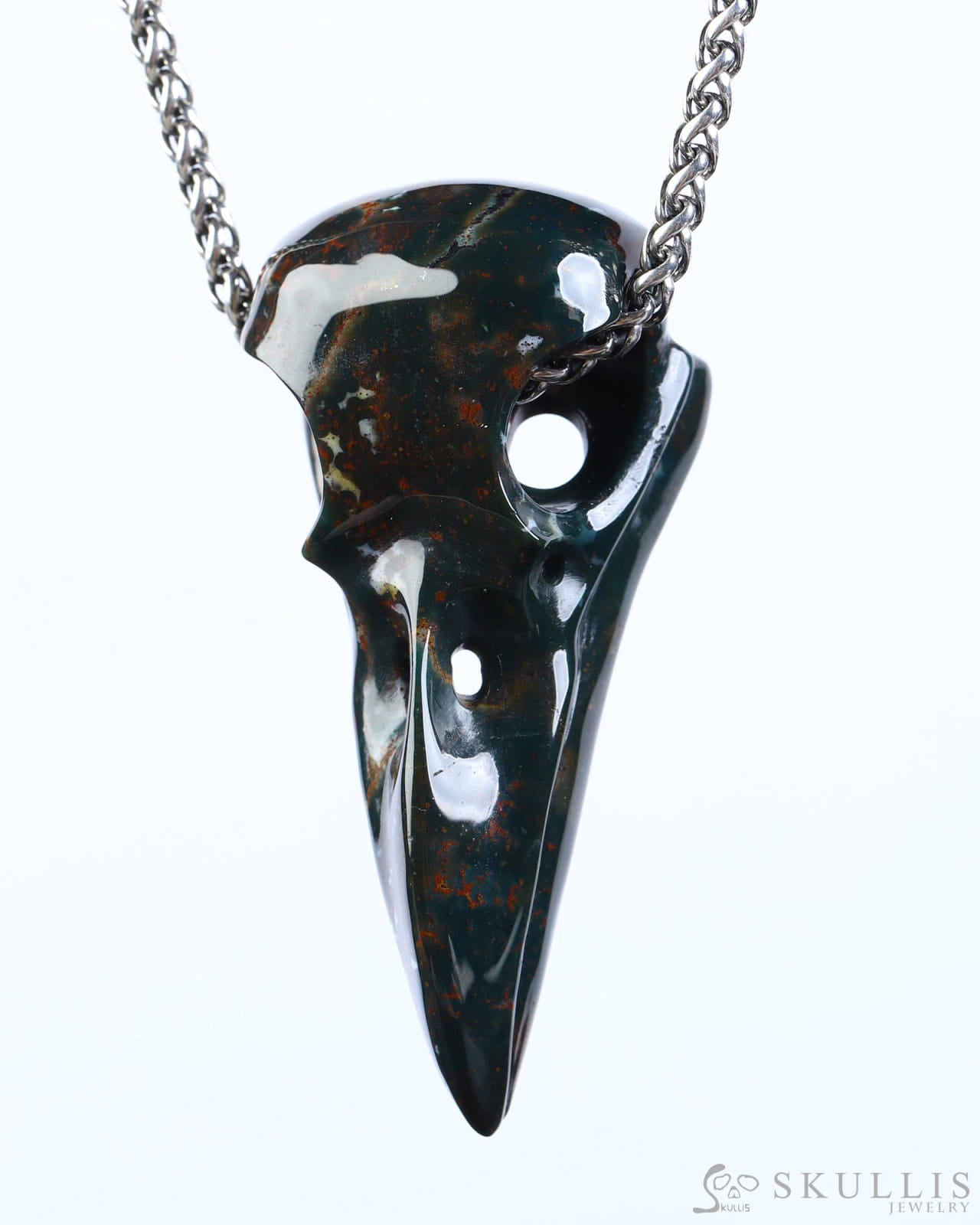 Gem Raven Skull Pendant Necklace of Bloodstone Carved Raven Skull - ZR19800574 Skull Pendants