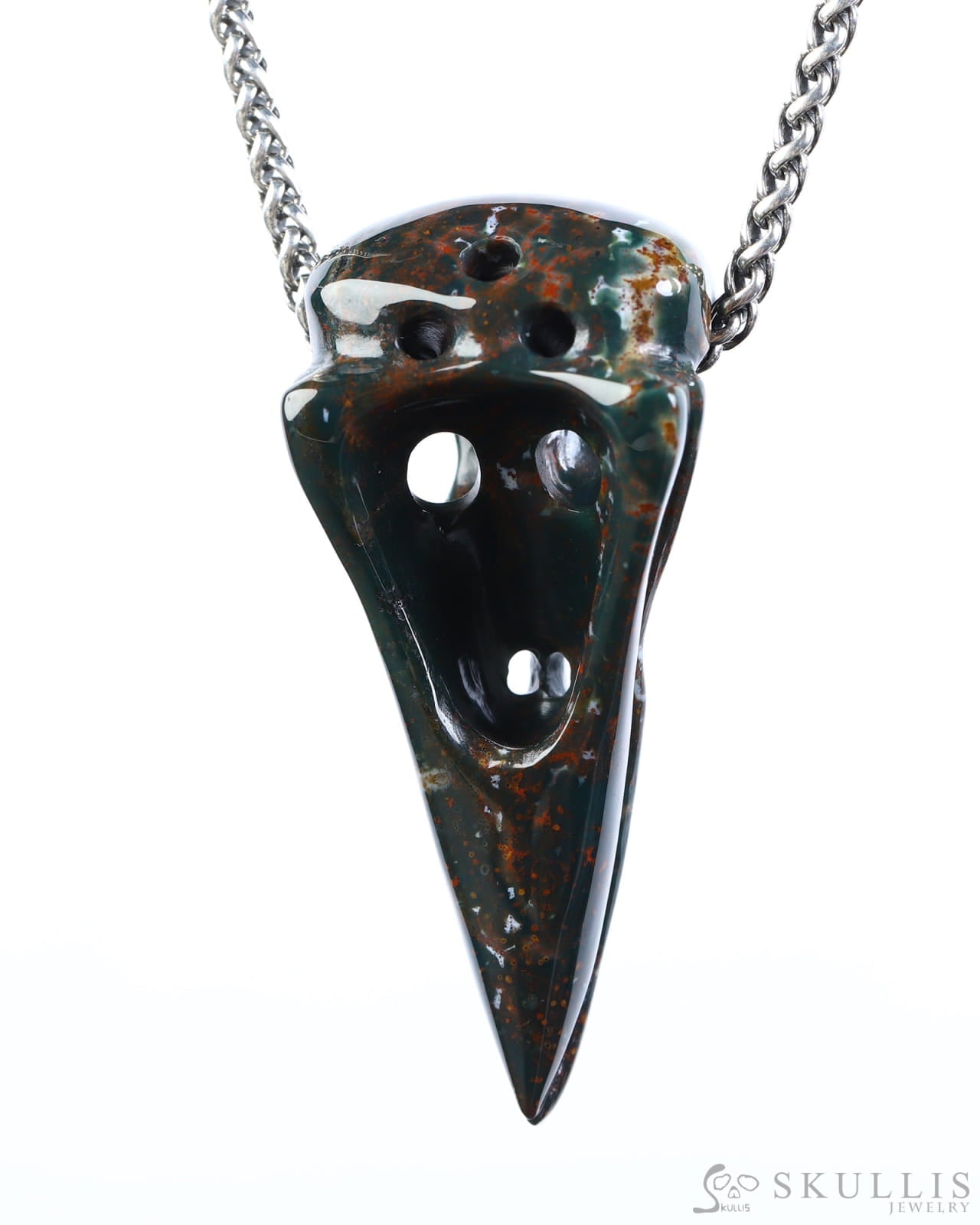 Gem Raven Skull Pendant Necklace of Bloodstone Carved Raven Skull - ZR19800574 Skull Pendants