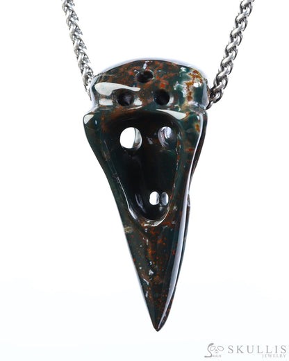Gem Raven Skull Pendant Necklace of Bloodstone Carved Raven Skull - ZR19800574 Skull Pendants