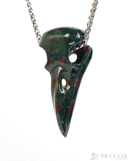 Gem Raven Skull Pendant Necklace of Bloodstone Carved Raven Skull - ZR19900045 Skull Pendants