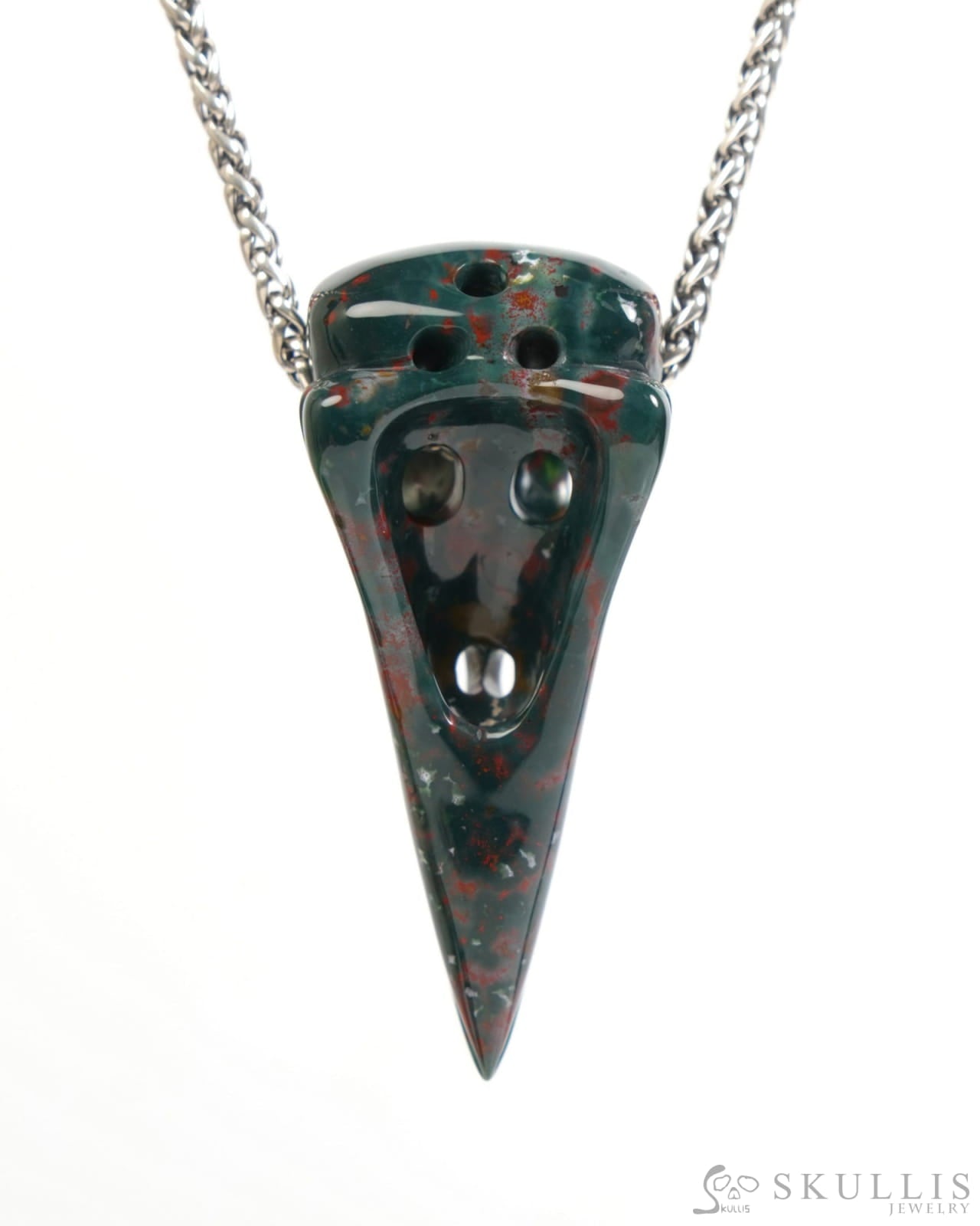 Gem Raven Skull Pendant Necklace of Bloodstone Carved Raven Skull - ZR19900045 Skull Pendants