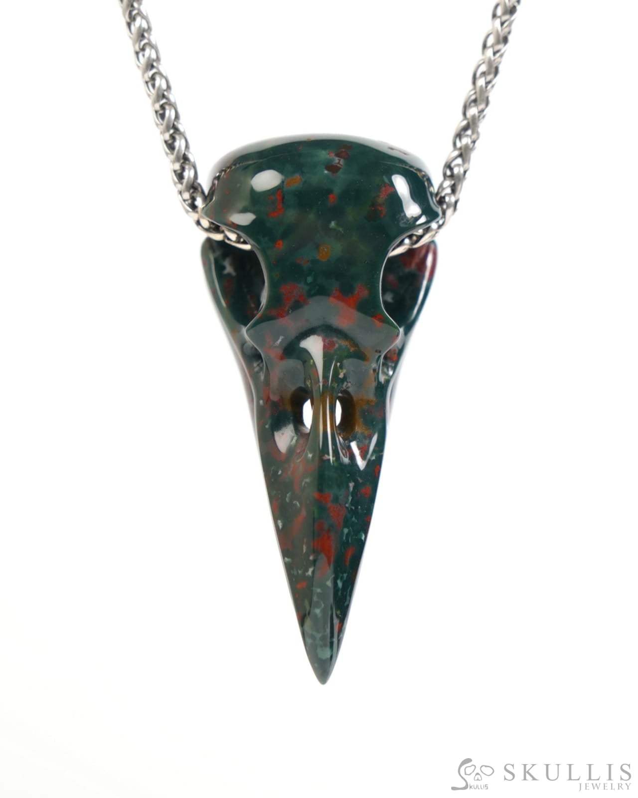 Gem Raven Skull Pendant Necklace of Bloodstone Carved Raven Skull - ZR19900045 Skull Pendants