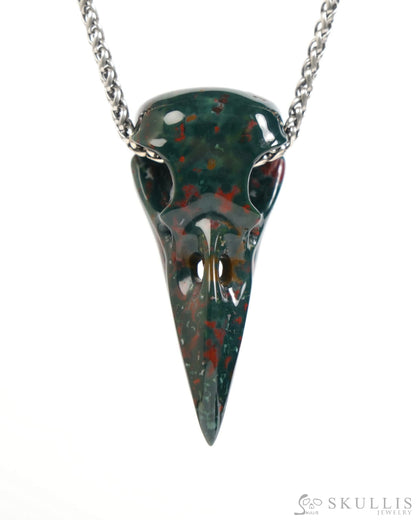 Gem Raven Skull Pendant Necklace of Bloodstone Carved Raven Skull - ZR19900045 Skull Pendants
