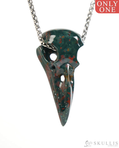 Gem Raven Skull Pendant Necklace of Bloodstone Carved Raven Skull - ZR19900045 Skull Pendants
