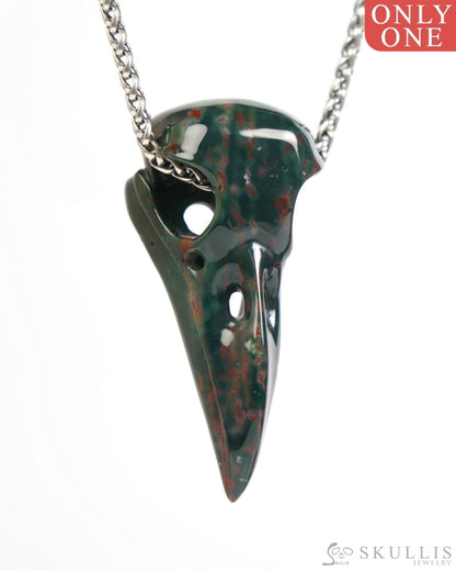 Gem Raven Skull Pendant Necklace of Bloodstone Carved Raven Skull - ZR19900046 Skull Pendants