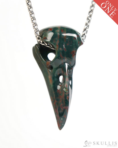 Gem Raven Skull Pendant Necklace of Bloodstone Carved Raven Skull - ZR19900046 Skull Pendants