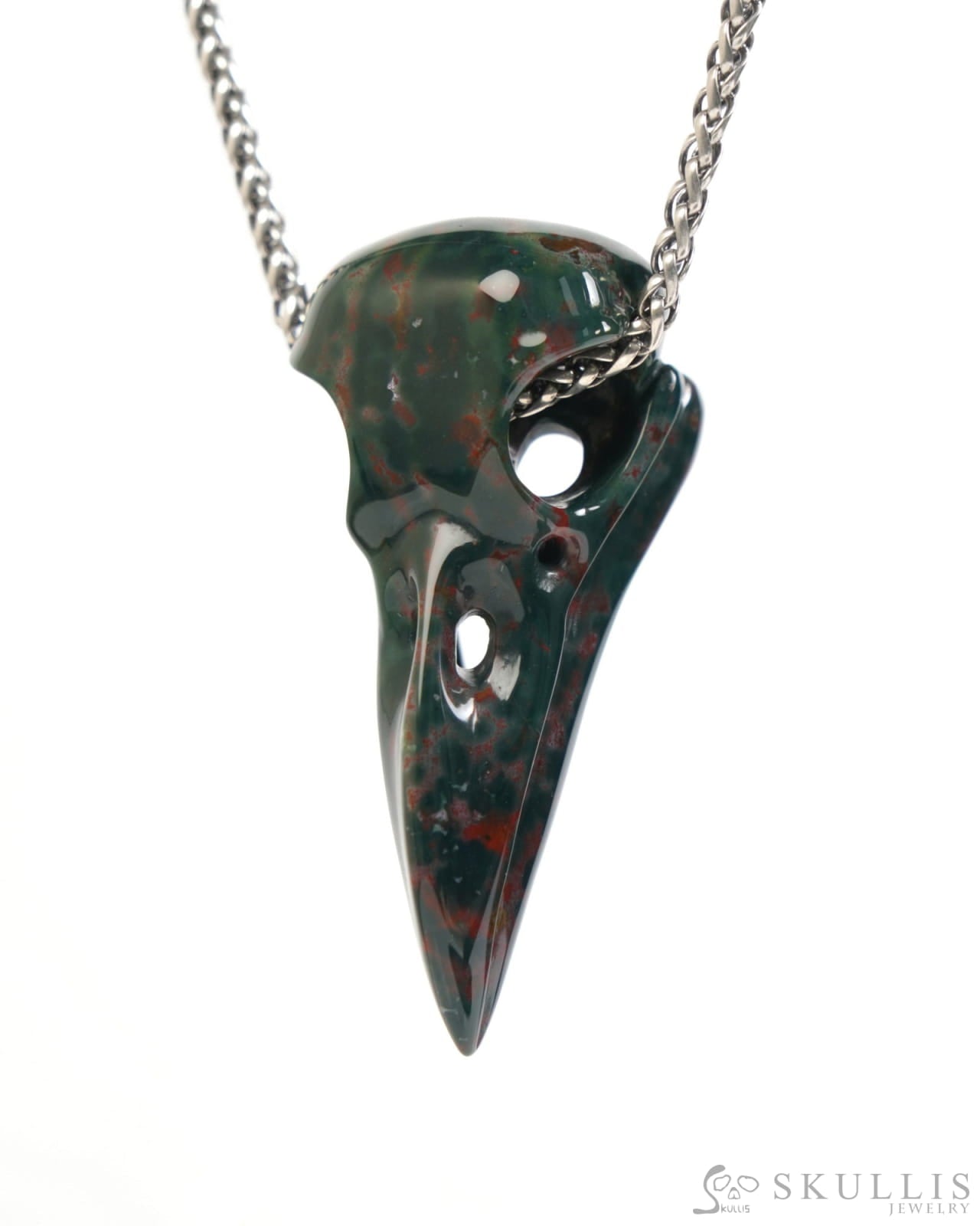 Gem Raven Skull Pendant Necklace of Bloodstone Carved Raven Skull - ZR19900046 Skull Pendants