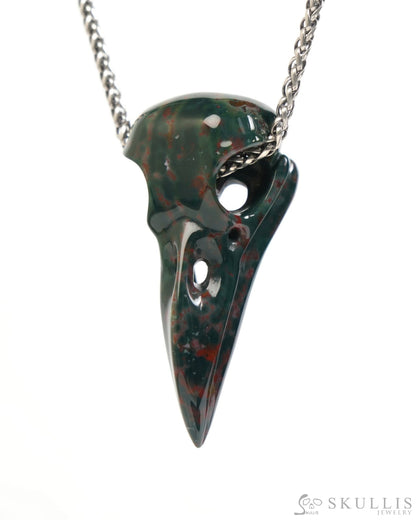 Gem Raven Skull Pendant Necklace of Bloodstone Carved Raven Skull - ZR19900046 Skull Pendants