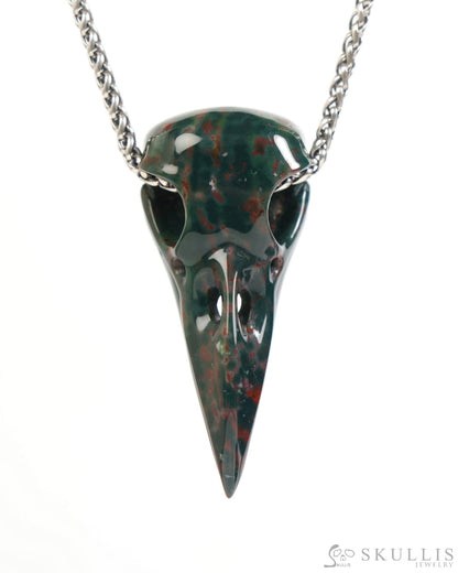Gem Raven Skull Pendant Necklace of Bloodstone Carved Raven Skull - ZR19900046 Skull Pendants