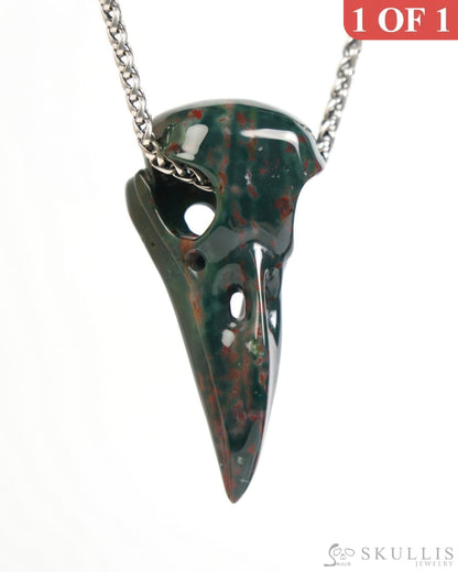 Gem Raven Skull Pendant Necklace of Bloodstone Carved Raven Skull - ZR19900046 Skull Pendants