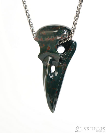 Gem Raven Skull Pendant Necklace of Bloodstone Carved Raven Skull - ZR19900047 Skull Pendants