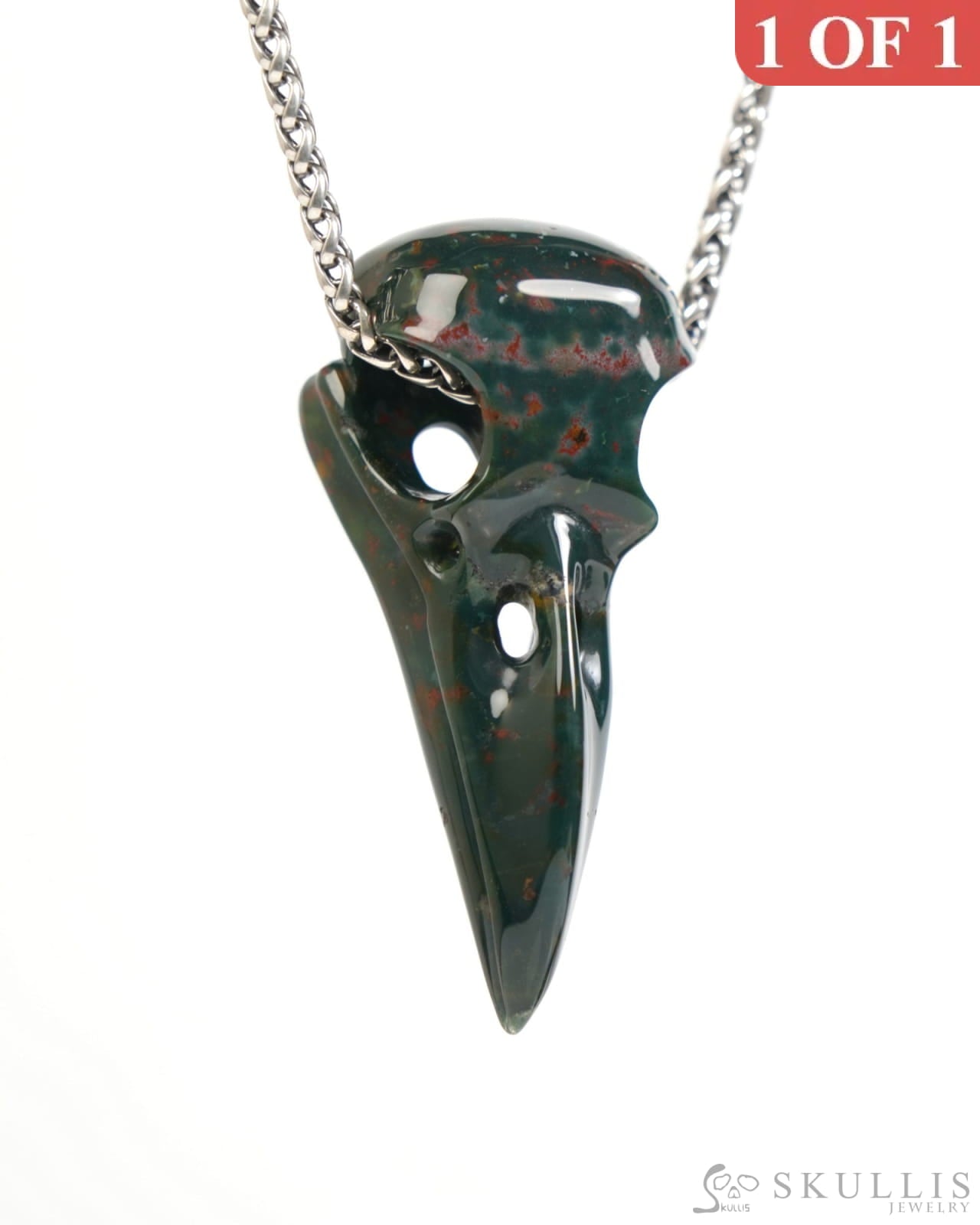 Gem Raven Skull Pendant Necklace of Bloodstone Carved Raven Skull - ZR19900047 Skull Pendants
