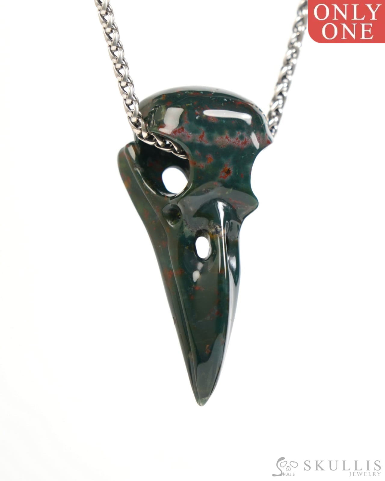 Gem Raven Skull Pendant Necklace of Bloodstone Carved Raven Skull - ZR19900047 Skull Pendants