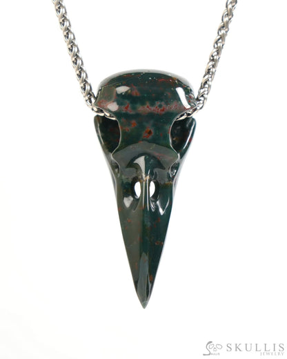 Gem Raven Skull Pendant Necklace of Bloodstone Carved Raven Skull - ZR19900047 Skull Pendants