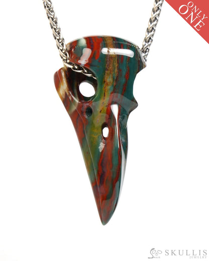 Gem Raven Skull Pendant Necklace of Bloodstone Carved Raven Skull - ZR19900060 Skull Pendants