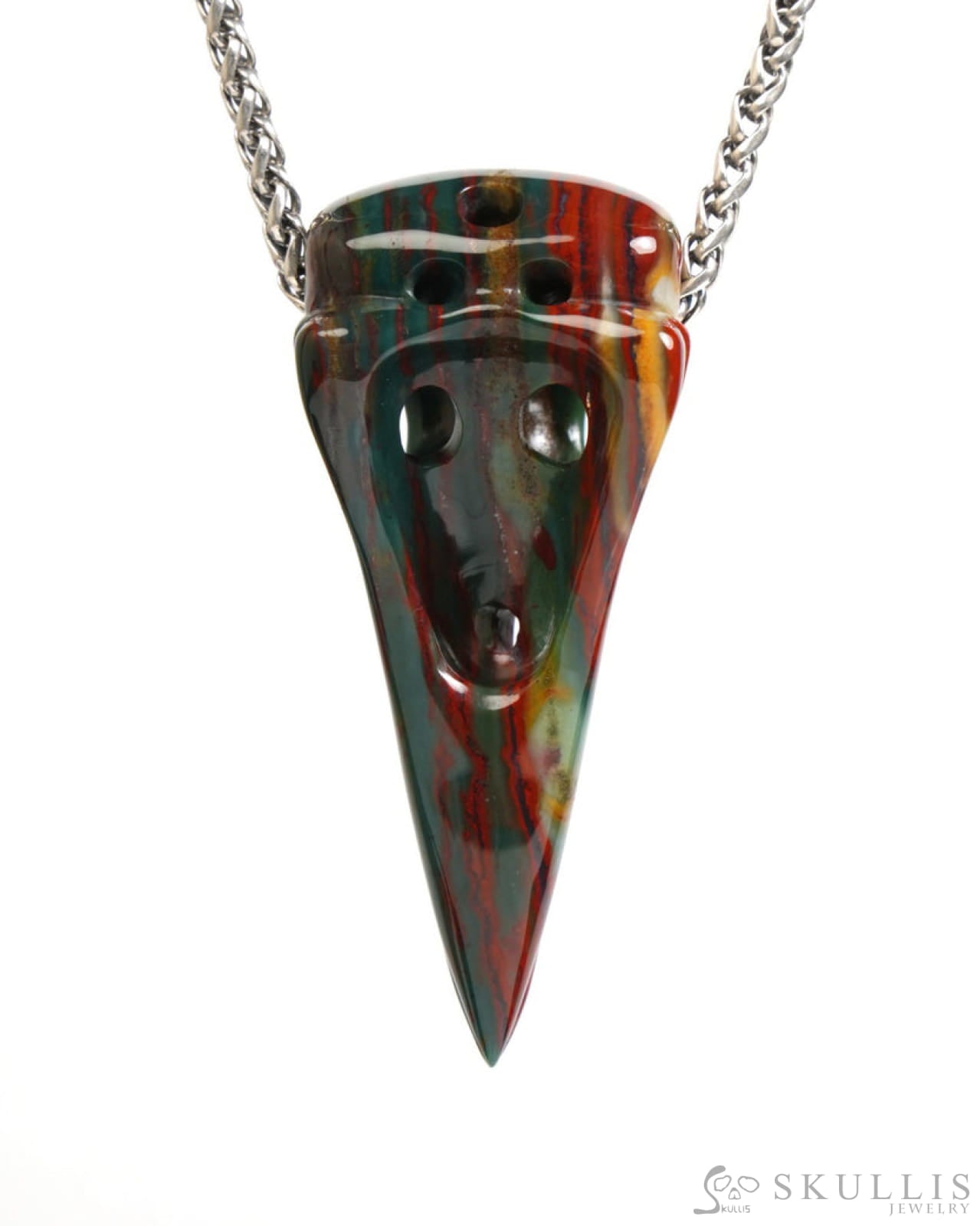 Gem Raven Skull Pendant Necklace of Bloodstone Carved Raven Skull - ZR19900060 Skull Pendants