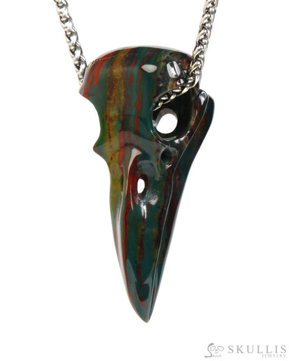 Gem Raven Skull Pendant Necklace of Bloodstone Carved Raven Skull - ZR19900060 Skull Pendants