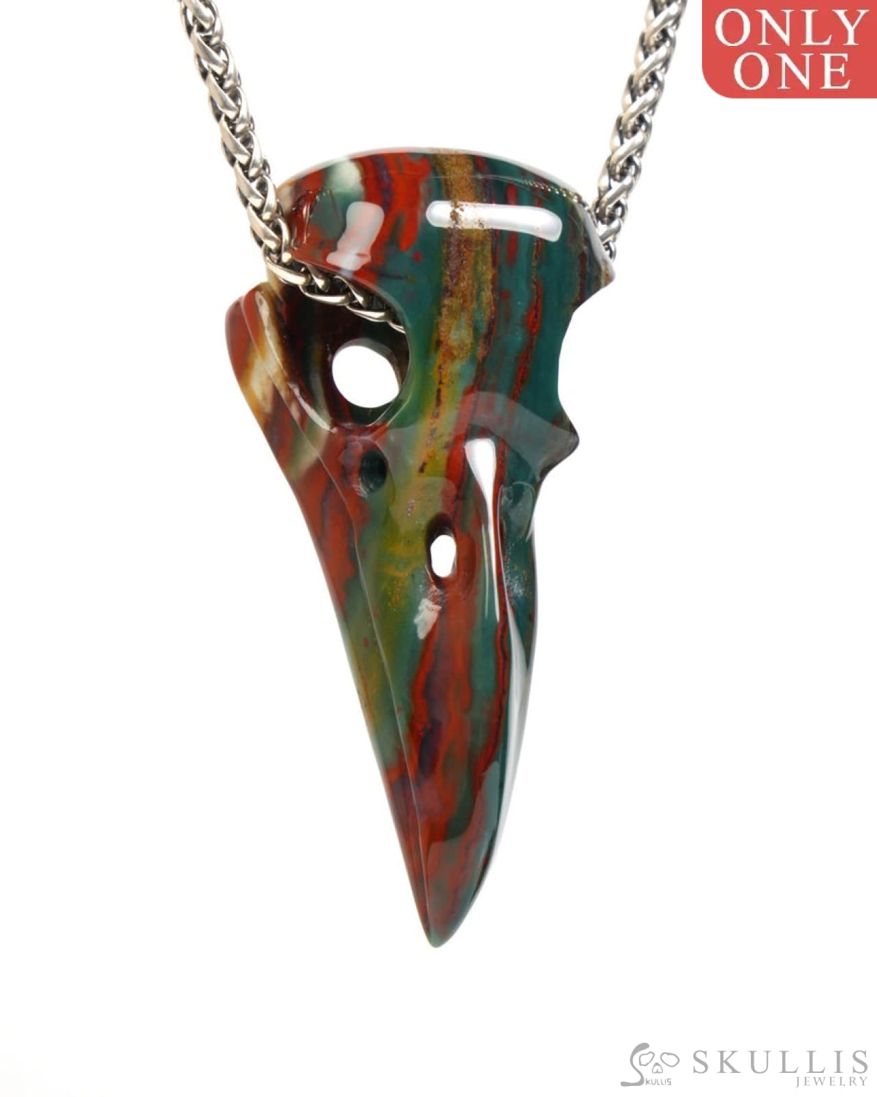 Gem Raven Skull Pendant Necklace of Bloodstone Carved Raven Skull - ZR19900060 Skull Pendants