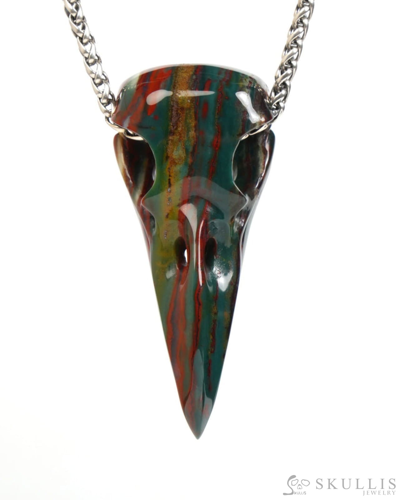 Gem Raven Skull Pendant Necklace of Bloodstone Carved Raven Skull - ZR19900060 Skull Pendants