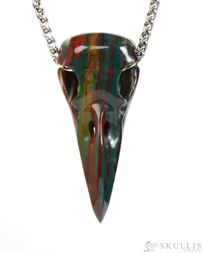 Gem Raven Skull Pendant Necklace of Bloodstone Carved Raven Skull - ZR19900060 Skull Pendants