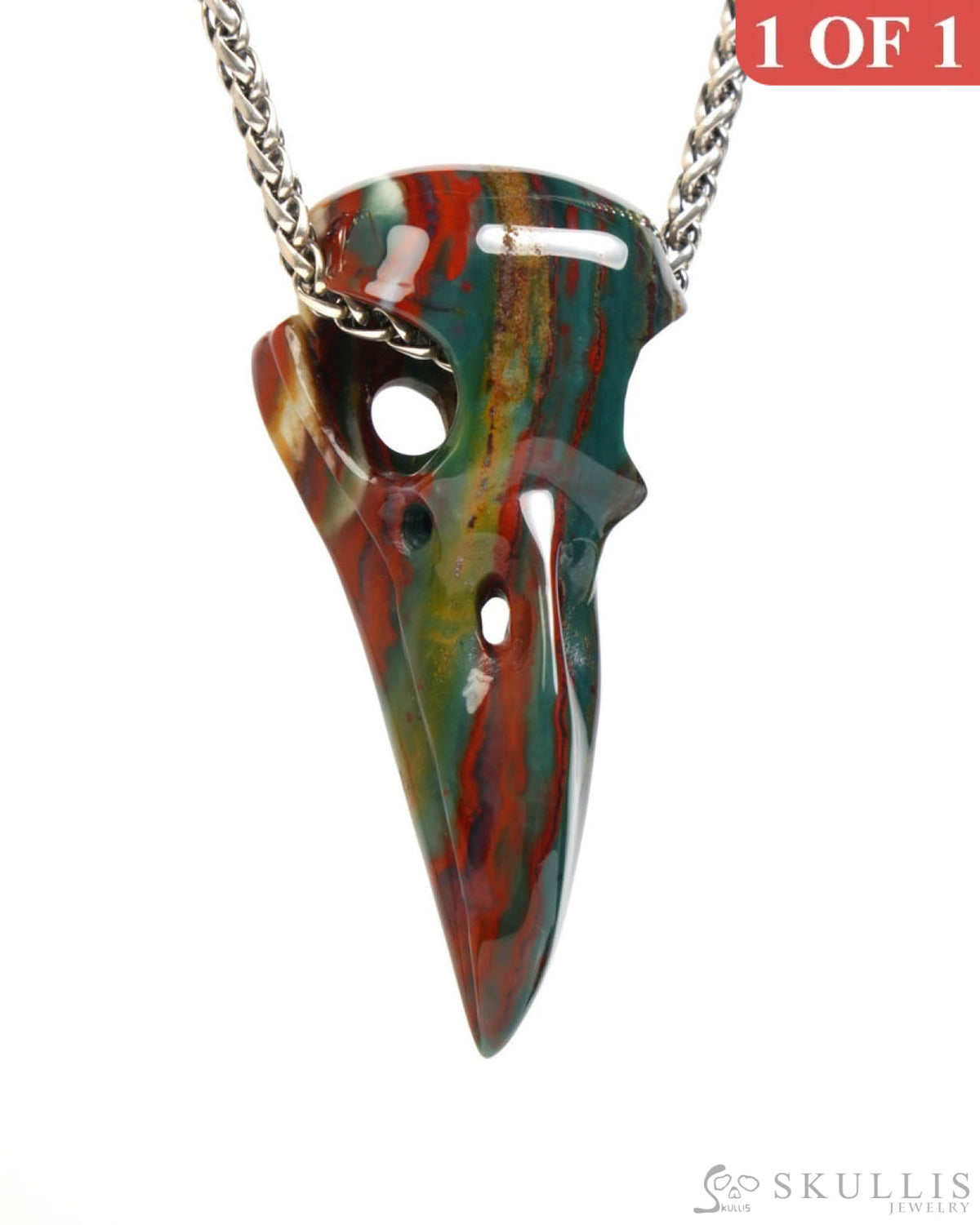 Gem Raven Skull Pendant Necklace of Bloodstone Carved Raven Skull - ZR19900060 Skull Pendants