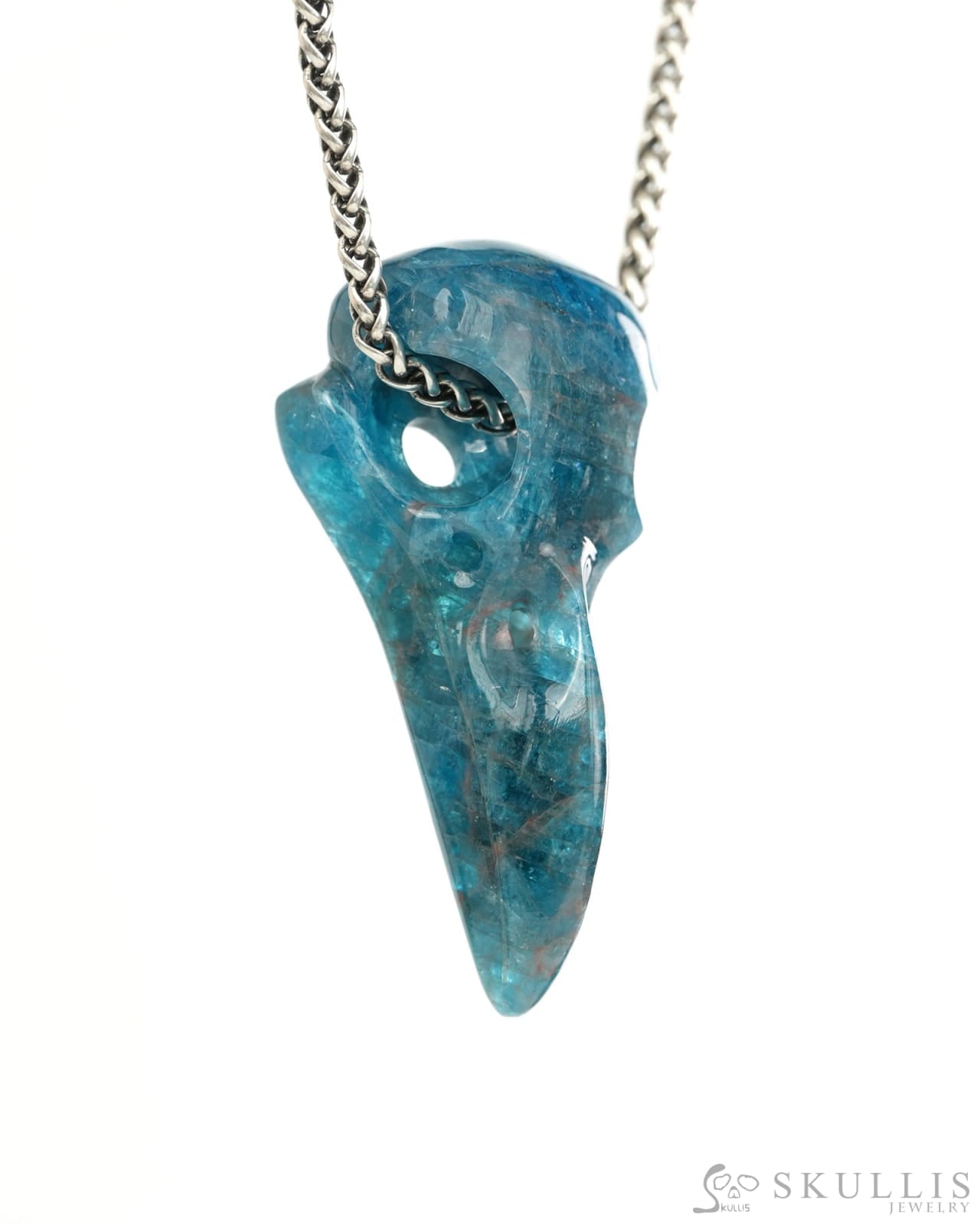 Night Pathfinder - Gem Raven Skull Pendant Necklace of Blue Apatite Carved Raven Skull - 9900441 - Skull Pendants