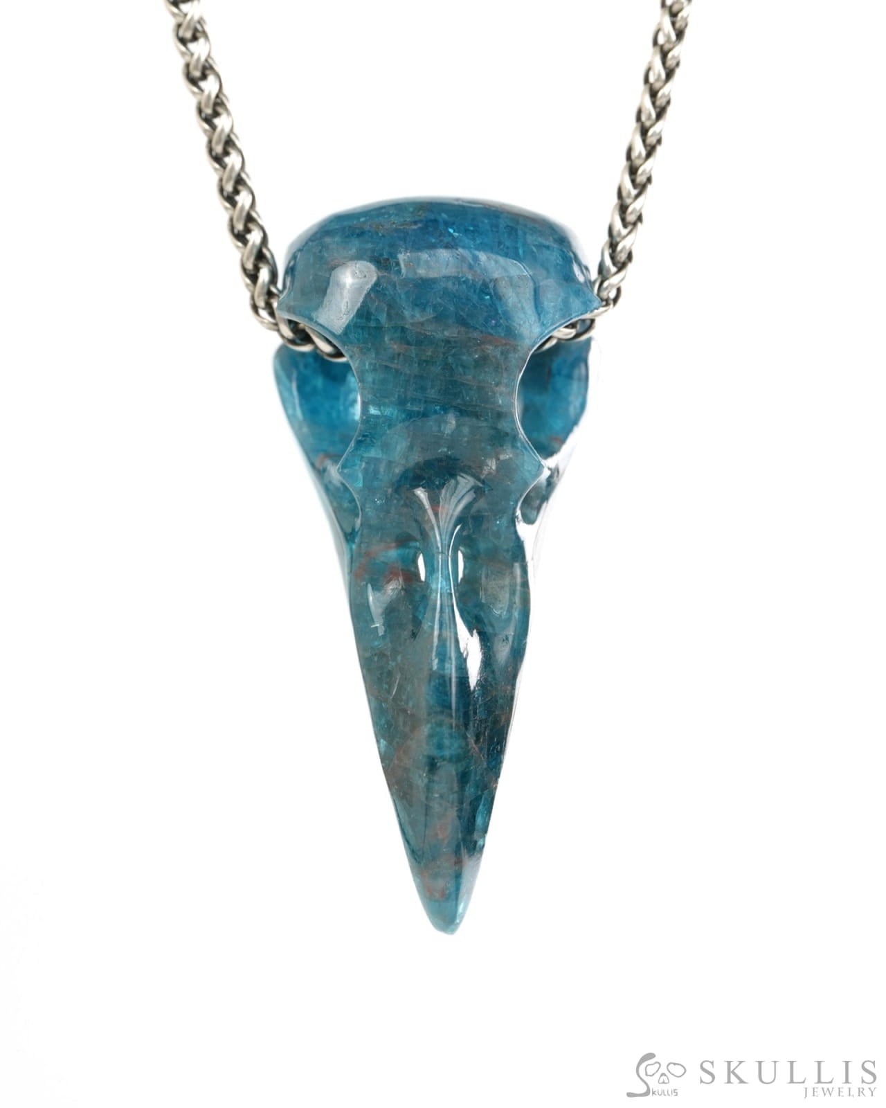 Night Pathfinder - Gem Raven Skull Pendant Necklace of Blue Apatite Carved Raven Skull - 9900441 - Skull Pendants