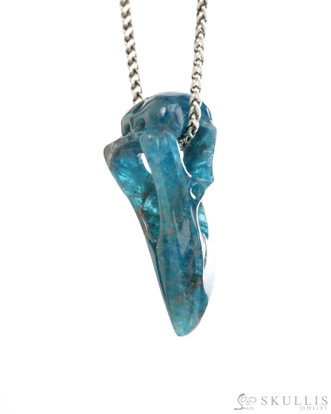 Night Pathfinder - Gem Raven Skull Pendant Necklace of Blue Apatite Carved Raven Skull - 9900441 - Skull Pendants