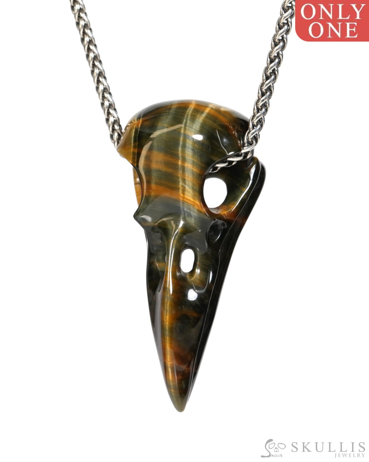 Flash Gem Raven Skull Pendant Necklace of Blue & Gold Tiger’s Eye Crystal Raven Pendant - ZR19900157 Skull Pendants
