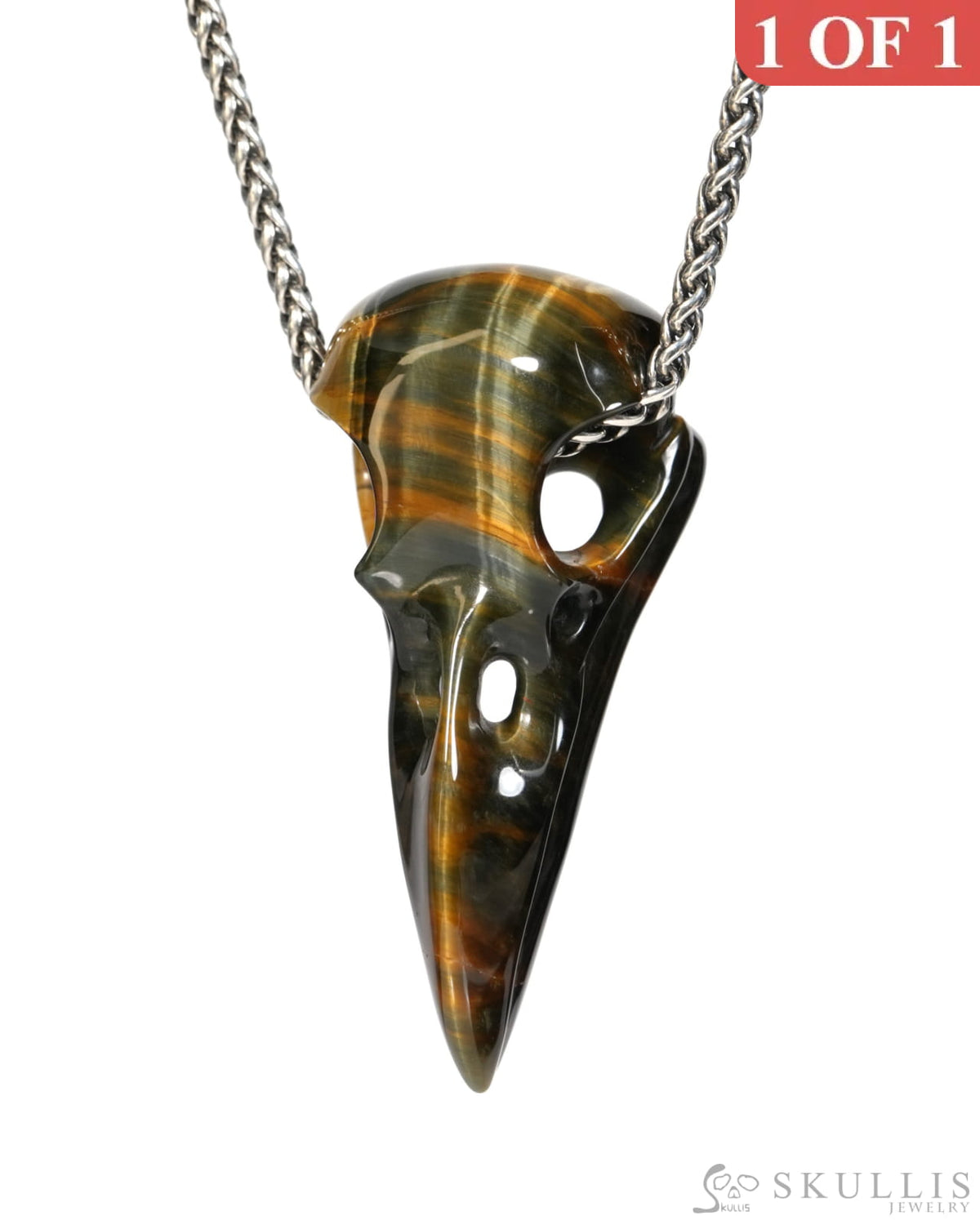 Flash Gem Raven Skull Pendant Necklace of Blue & Gold Tiger’s Eye Crystal Raven Pendant - ZR19900157 Skull Pendants