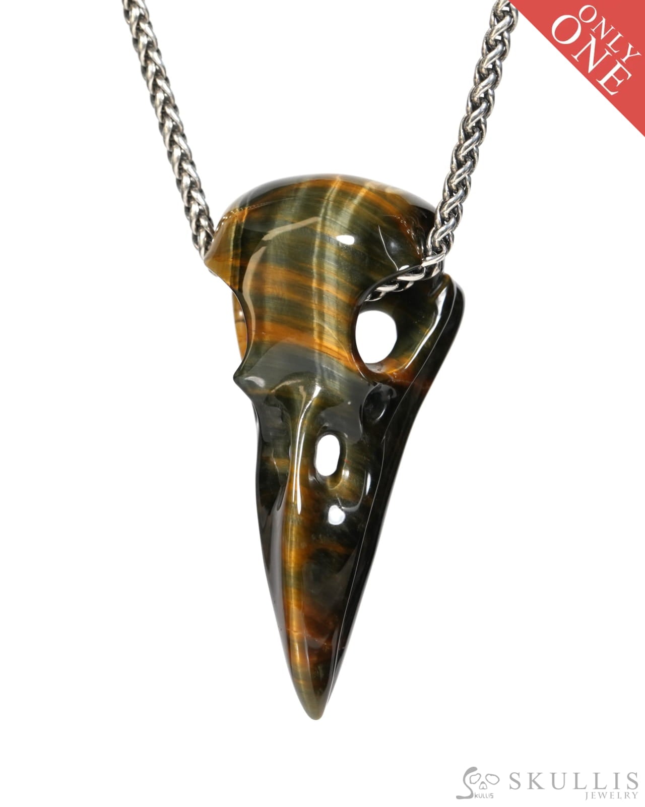 Flash Gem Raven Skull Pendant Necklace of Blue & Gold Tiger’s Eye Crystal Raven Pendant - ZR19900157 Skull Pendants