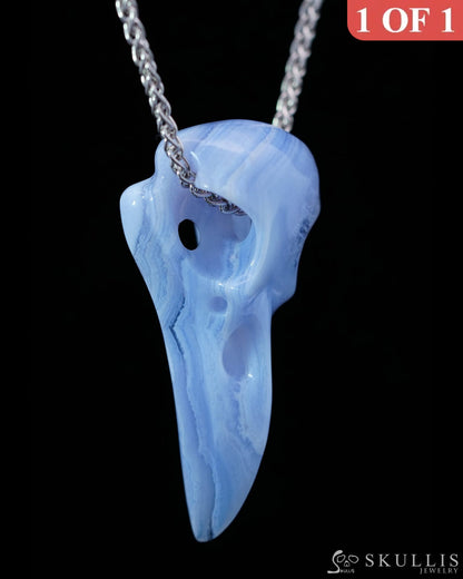 Gem Raven Skull Pendant Necklace of Blue Lace Agate Crystal Raven Pendant - 9800165 Skull Pendants
