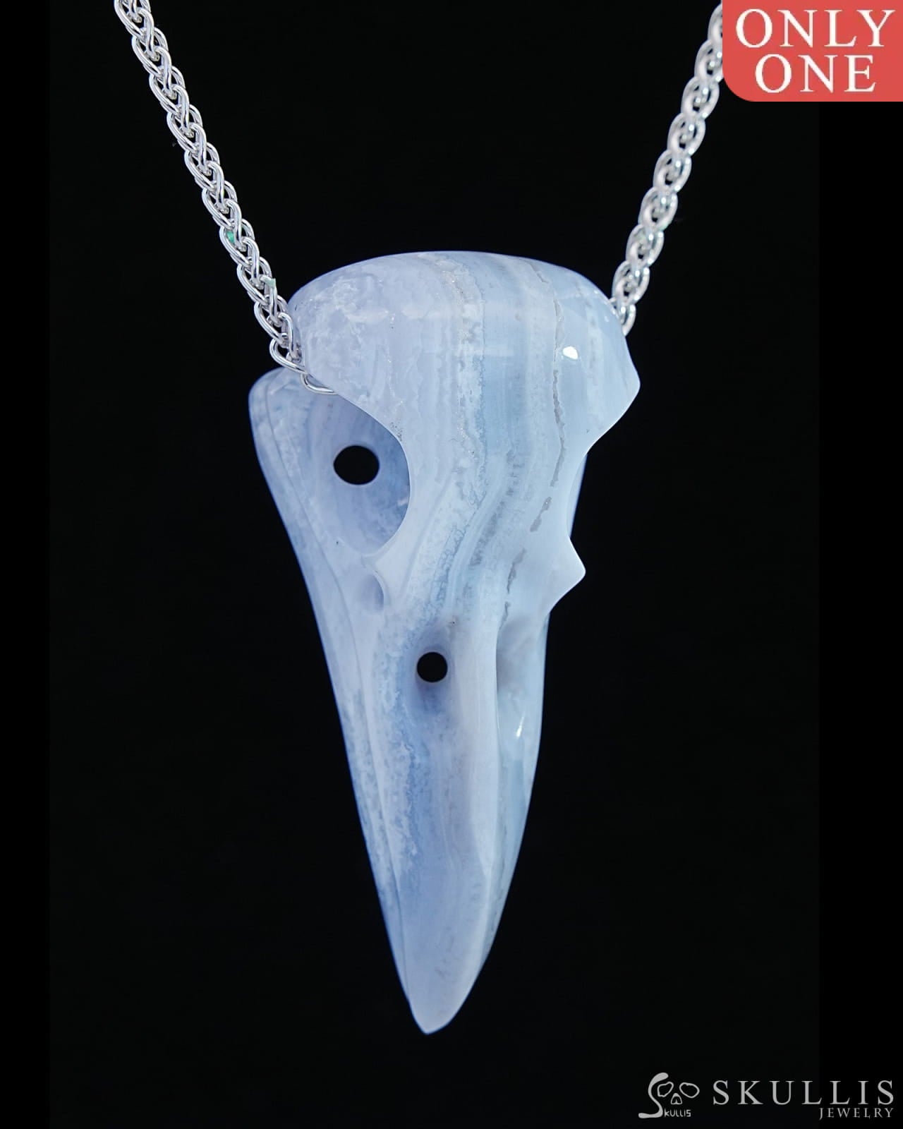 Gem Raven Skull Pendant Necklace Of Blue Lace Agate Crystal - 9800171 Pendants