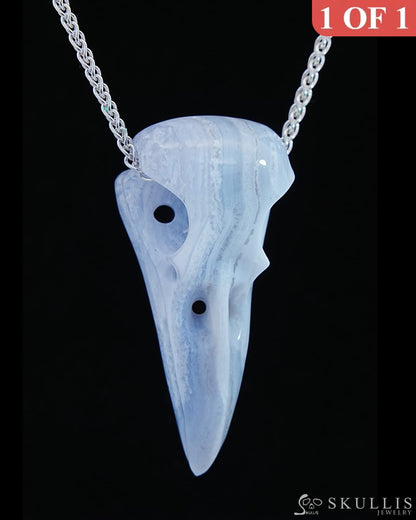 Gem Raven Skull Pendant Necklace Of Blue Lace Agate Crystal - 9800171 Pendants