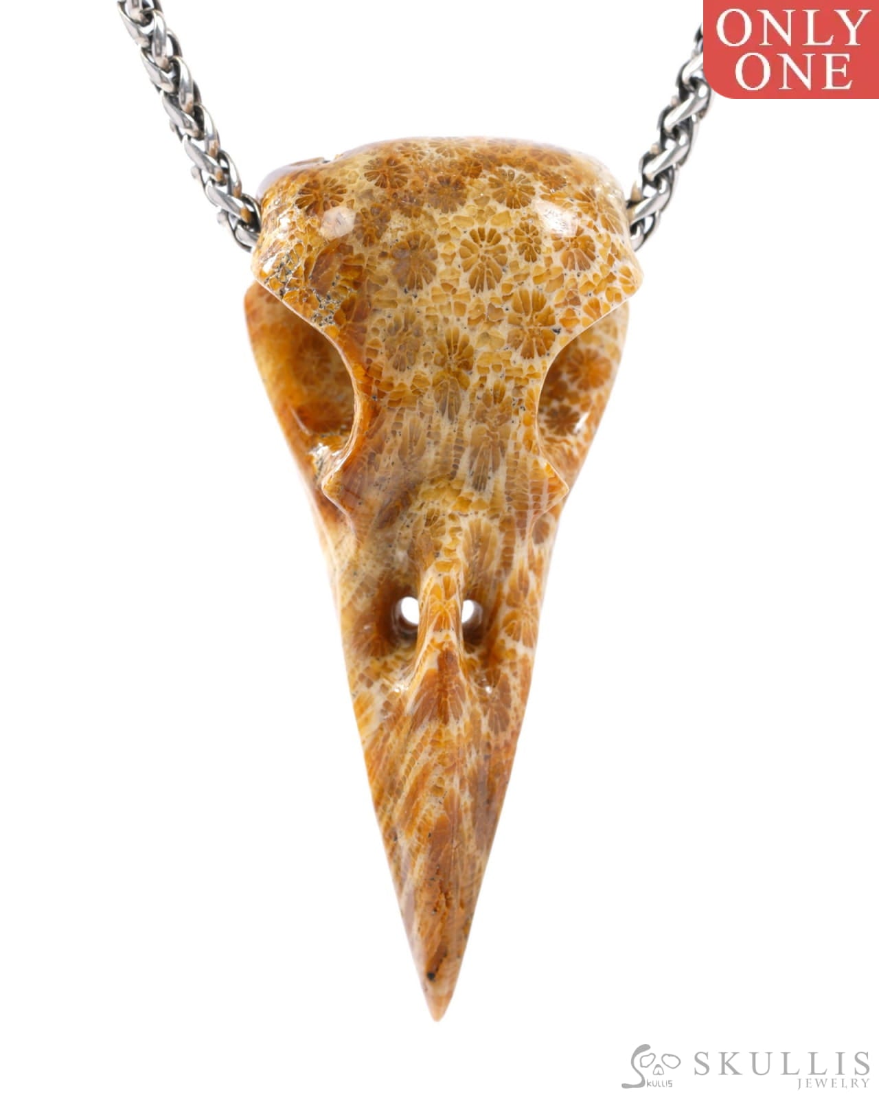 Gem Raven Skull Pendant Necklace of Coral Fossil Crystal Raven Pendant - 9500317 Skull Pendants