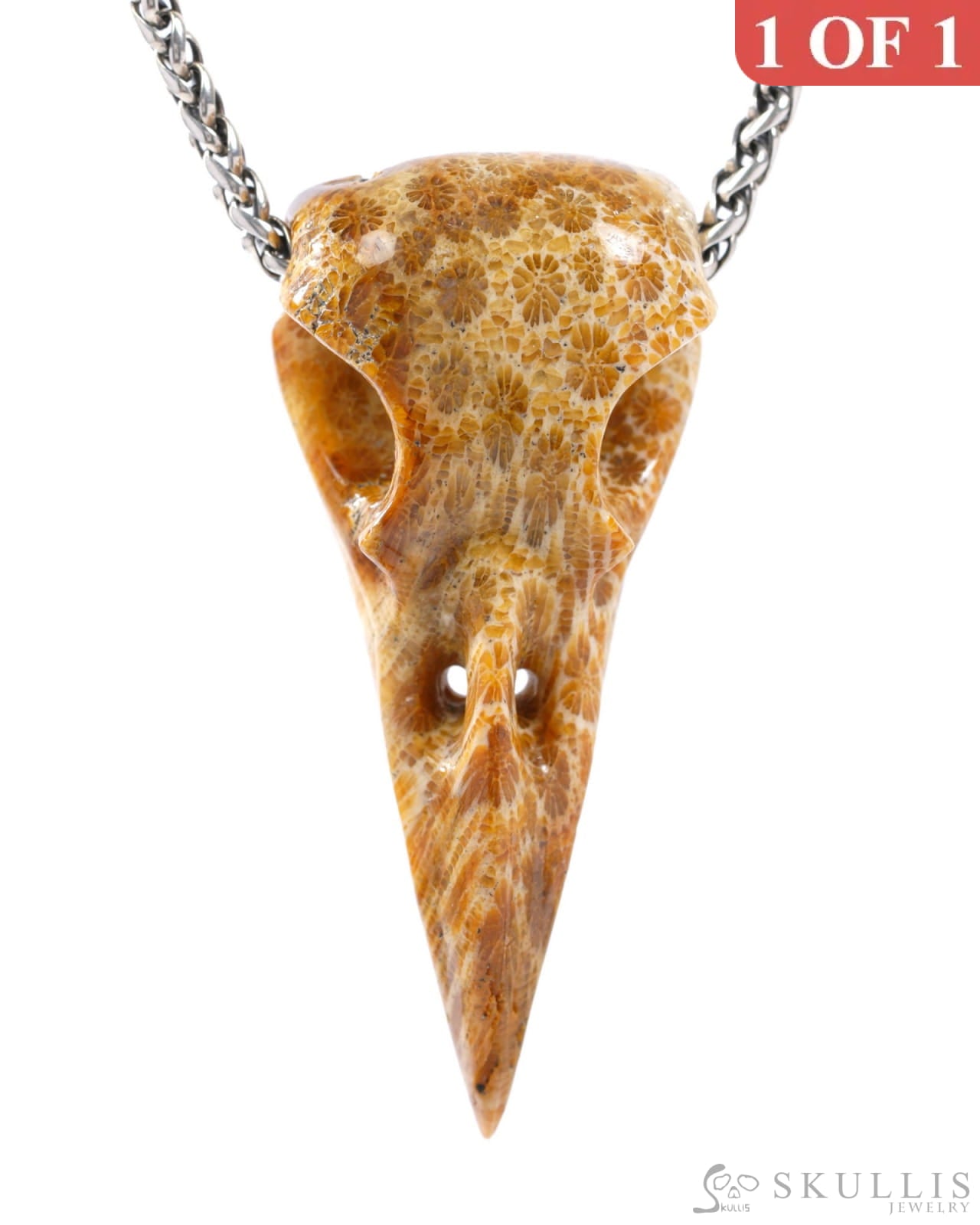 Gem Raven Skull Pendant Necklace of Coral Fossil Crystal Raven Pendant - 9500317 Skull Pendants