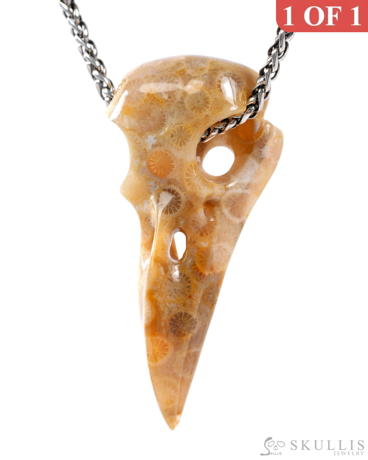 Gem Raven Skull Pendant Necklace of Coral Fossil Crystal Raven Pendant - 9500318 Skull Pendants