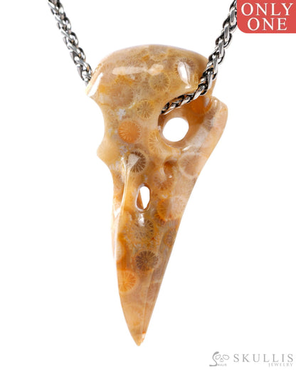 Gem Raven Skull Pendant Necklace of Coral Fossil Crystal Raven Pendant - 9500318 Skull Pendants