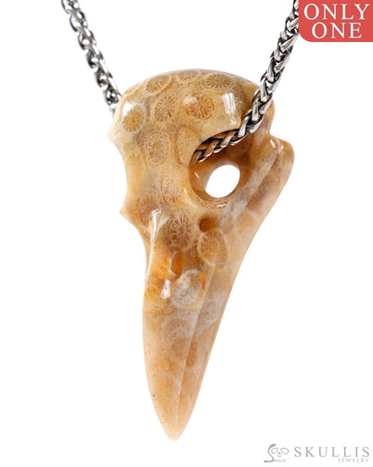 Gem Raven Skull Pendant Necklace of Coral Fossil Crystal Raven Pendant - 9500319 Skull Pendants