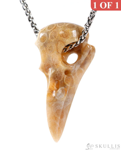 Gem Raven Skull Pendant Necklace of Coral Fossil Crystal Raven Pendant - 9500319 Skull Pendants