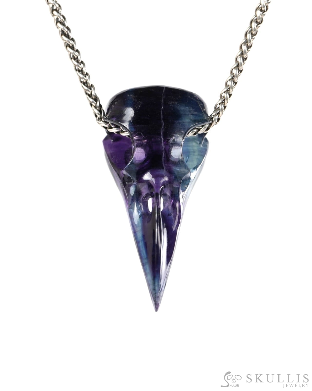 Night Pathfinder - Gem Raven Skull Pendant Necklace of Fluorite Carved Raven Skull - 9900517 - Skull Pendants