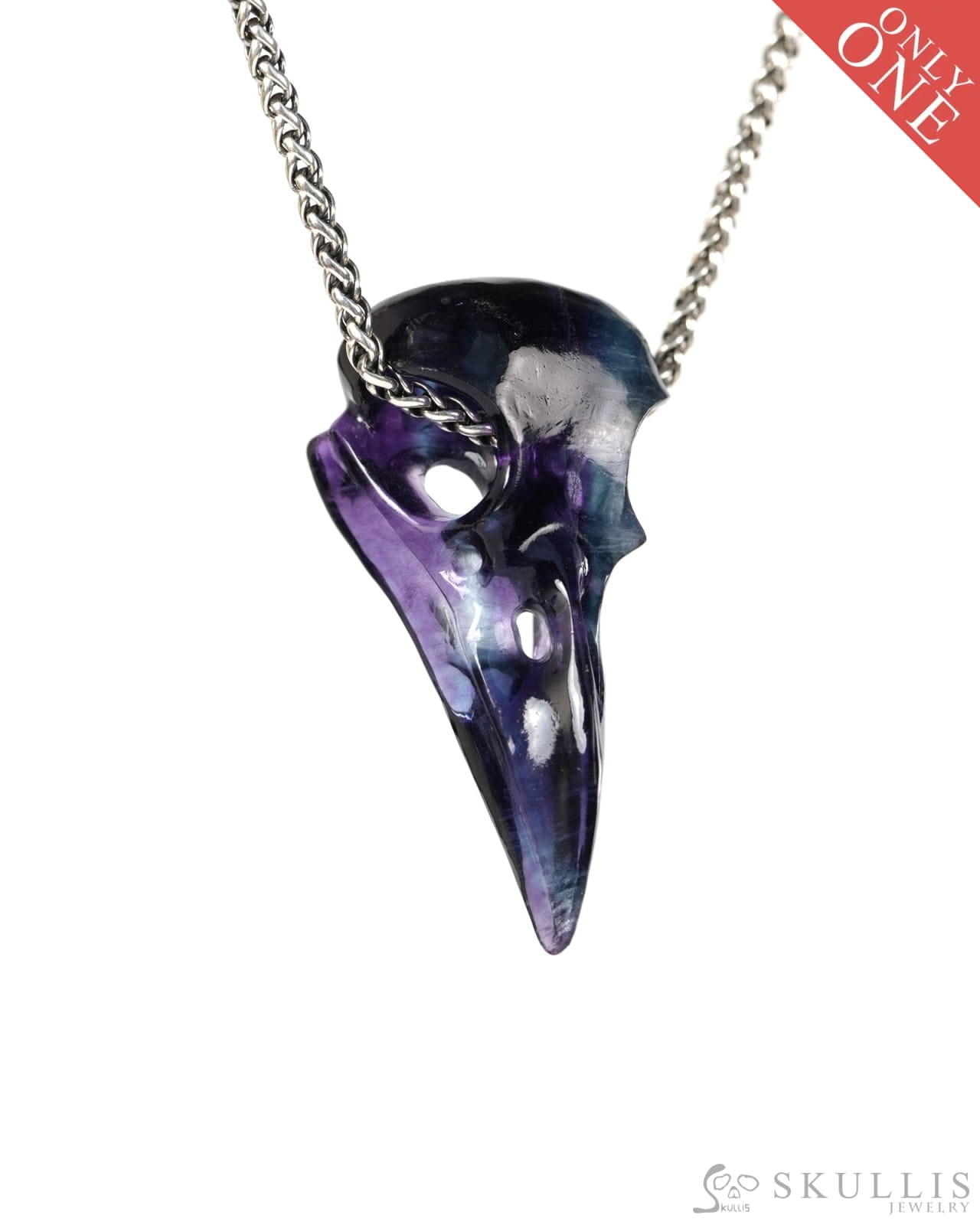 Night Pathfinder - Gem Raven Skull Pendant Necklace of Fluorite Carved Raven Skull - 9900517 - Skull Pendants