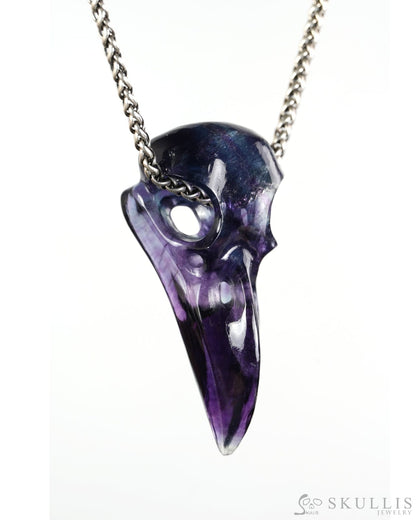Night Pathfinder - Gem Raven Skull Pendant Necklace of Fluorite Carved Raven Skull - 9900600 - Skull Pendants