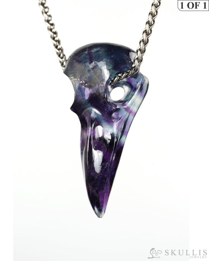 Night Pathfinder - Gem Raven Skull Pendant Necklace of Fluorite Carved Raven Skull - 9900600 - Skull Pendants