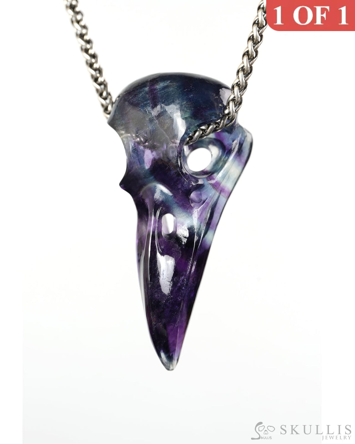 Night Pathfinder - Gem Raven Skull Pendant Necklace of Fluorite Carved Raven Skull - 9900600 - Skull Pendants