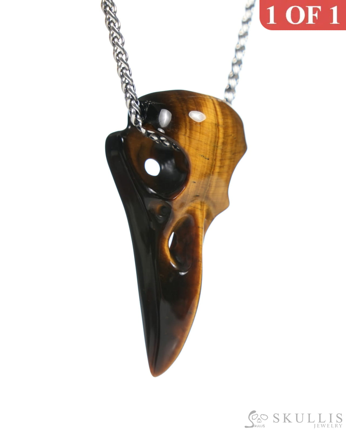 Gem Raven Skull Pendant Necklace of Gold Tiger’s Eye Carved Raven Skull - ZR19900061 Skull Pendants